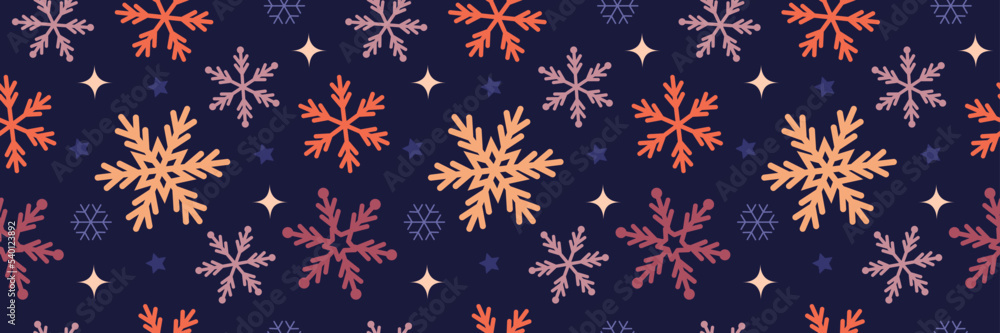Long seamless winter christmas New Year pattern with snowflakes on a dark background Long seamless winter christmas New Year pattern with snowflakes on a dark background