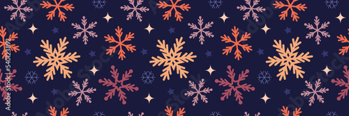 Long seamless winter christmas New Year pattern with snowflakes on a dark background