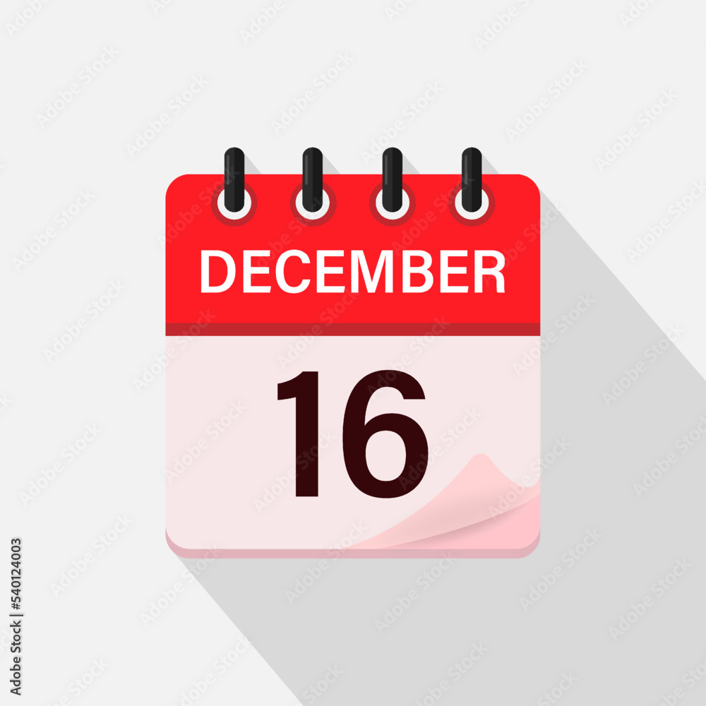December 16, Calendar icon with shadow. Day, month. Flat vector illustration. December 16, Calendar icon with shadow. Day, month. Flat vector illustration.