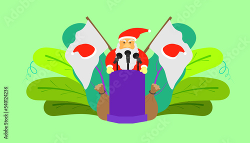 Closeup of Santa Claus making a speech from a podium with flags of Santa hat on a green background
