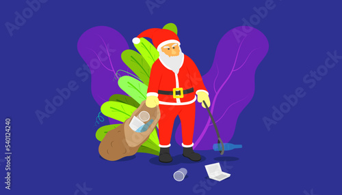 Closeup of an angry Santa Claus collecting trash from the ground on a purple background