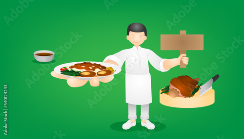 Cartoon of a chef holding delicious dishes isolated on green background
