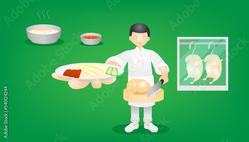 Cartoon of a chef holding delicious dishes isolated on green background