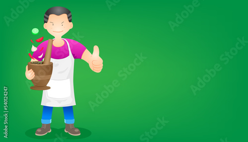 Cartoon of a chef grinding some spices isolated on green background