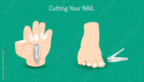 Closeup of a hand and a foot with a nail clipper isolated on a green background