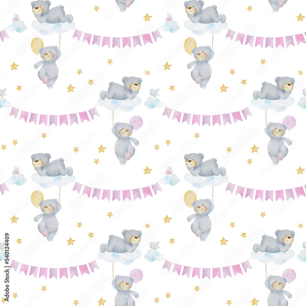 Watercolor seamless pattern with hand drawn bear, air ballon, clouds, stars, flags on white background. Cute design for wrappings, textile and backgrounds.