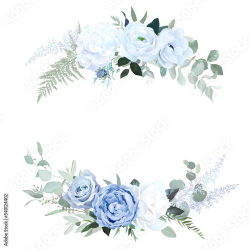 Dusty blue rose, white hydrangea, ranunculus, anemone, eucalyptus, greenery, juniper, magnolia