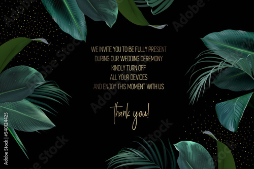 Tropical elegant frame arranged from exotic emerald leaves. Design vector.