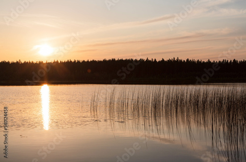 Lake in the forest in LAtgale region  Latvia. Sunset  reflection. Wallpaper  background