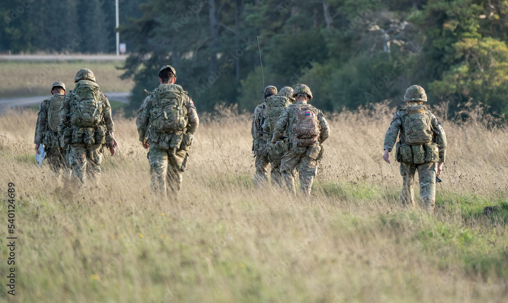 8 male and female British army soldiers tabbing with 25Kg bergens across open countryside, Wiltshire UK 8 male and female British army soldiers tabbing with 25Kg bergens across open countryside, Wiltshire UK