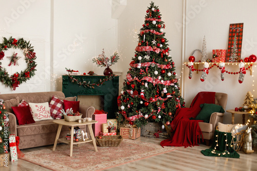 Living room with Christmas decorations. Festive interior design