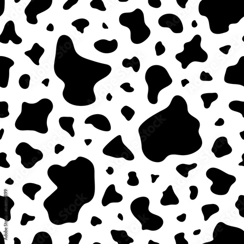 Cow print seamless pattern. Repeated black spot cow on white background. Milk texture for design prints. Repeating dapple skin. Repeat moo animal.Leather printed. Modern printing. Vector illustration
