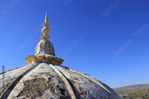 A closeup shot of the dome of one of the seven famous Hindu temples of Katas Raj Temple Complex, located near the town of Choa Saidenshah. District Chakwal, Punjab, Pakistan.