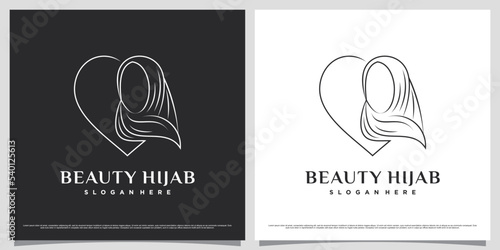 Islamic women logo design template wearing hijab with line art style and creative concept