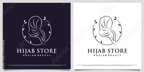 Islamic women logo design template wearing hijab with line art style and leaf element concept