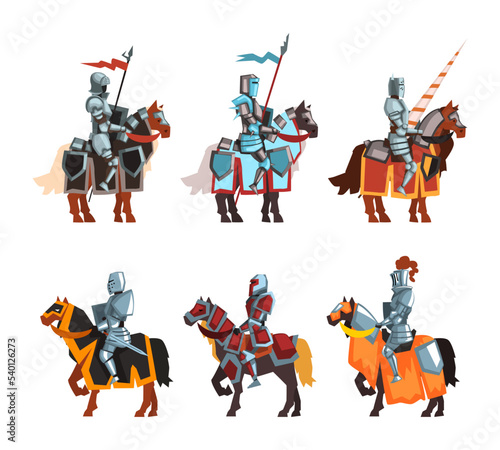 Armored Medieval Knight or Cavalryman Sitting on Horseback Holding Lance Vector Set