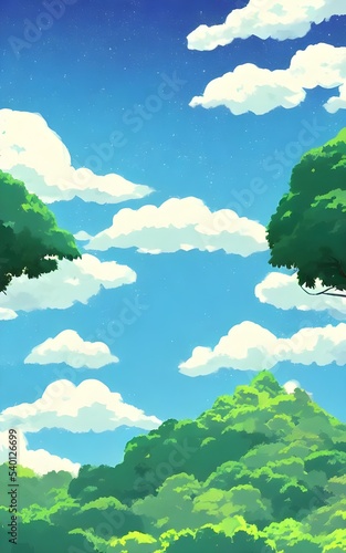 The anime mountain landscape is serene. The mountains are capped with snow and the trees are a deep green. There is a river in the valley below  and clouds drift lazily in the sky above.