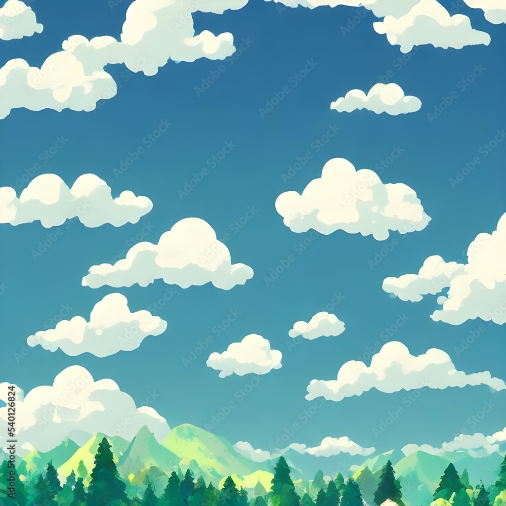 i am looking at a beautiful mountain landscape. the sky is blue and there are fluffy white clouds floating around. the sun is shining bright, making everything look so serene.