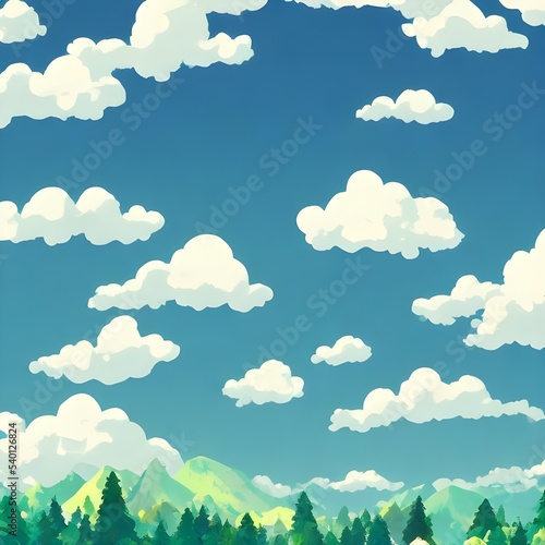 i am looking at a beautiful mountain landscape. the sky is blue and there are fluffy white clouds floating around. the sun is shining bright, making everything look so serene.