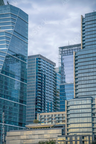 Modern buildings against cloudy sky background in downtown Austin Texas