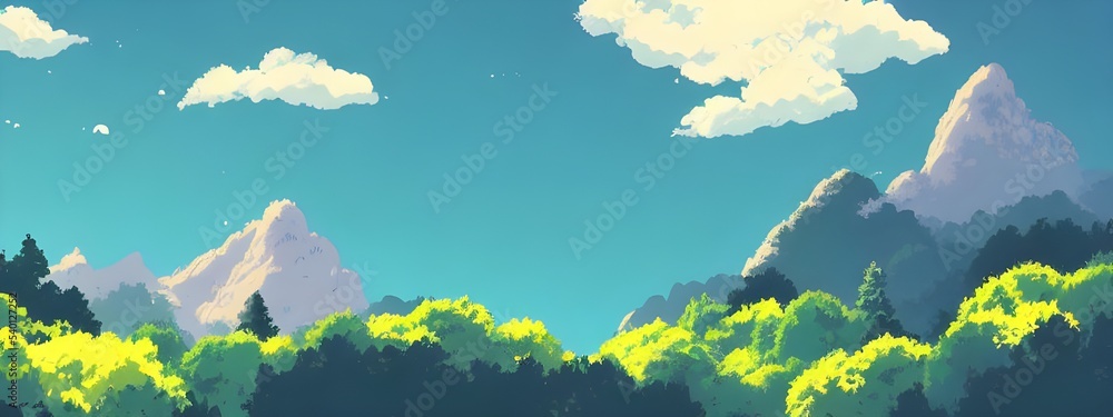 Obraz premium This anime mountain landscape is serene and beautiful. The mountains are white and icy, the trees are tall and green, and the sun is shining bright. It's a peaceful scene that makes you feel calm and