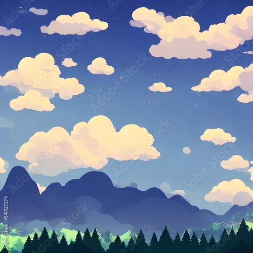 The mountain range is incredibly vast  with sharp peaks that pierce the sky. A gentle breeze flows through the valleys between the mountains. In the distance  a river sparkles in the sunlight. The lan