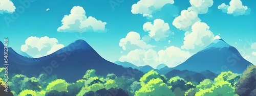 The serene anime mountain landscape depicts a beautiful scene of mountains in the distance. The sun is shining brightly and the sky is clear blue. Forests and fields cover the lower parts of the mount © dreamyart