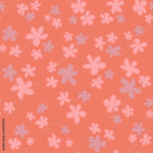 Trendy fabric pattern with hand drawn miniature pastel shades flowers on salmon background.Fashion design.Motifs scattered random.Elegant template for prints,fashion textile,fabric,gift wrapping paper
