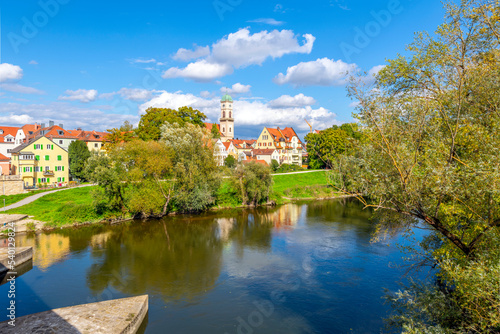 View of the Rococo style St. Mang Church and monastery complex in the Stadtamhof village island area, across the Danube River from the Bavarian town of Regensburg, Germany. 
