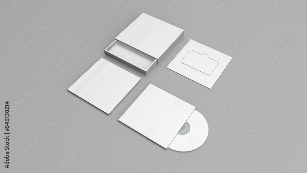 Music album mockup set. set box contents booklet cd, cd cover. Set of white mockup on gray background. Music card. 3D Render music album set. Music album mockup set. set box contents booklet cd, cd cover. Set of white mockup on gray background. Music card. 3D Render music album set.