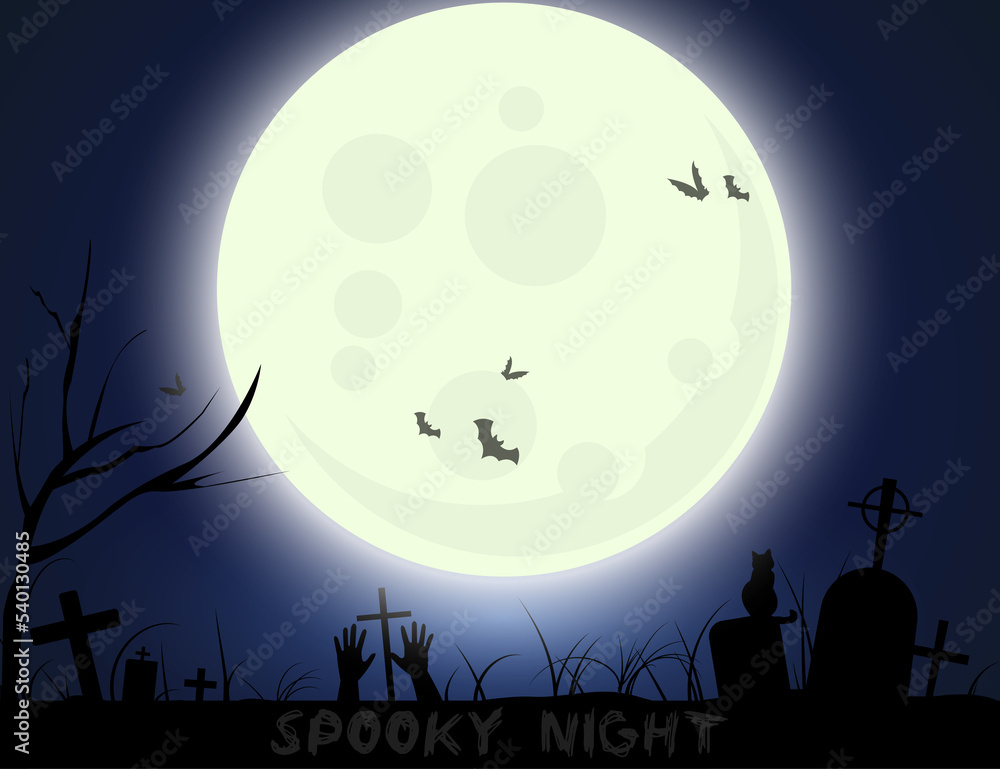 Halloween Spooky moon night on a graveyard background
