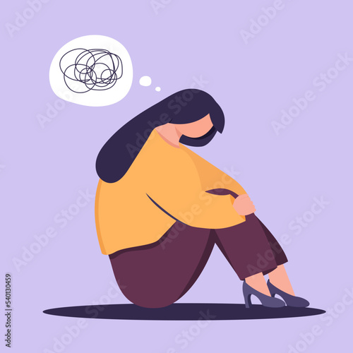 Depression woman sit on the floor. Young woman confused. Anxiety disorder. Insane messy line.
