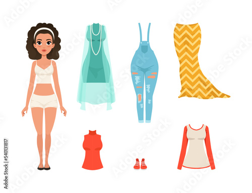 Beautiful Female in Underwear with Different Clothes Around for Dress Up Vector Set
