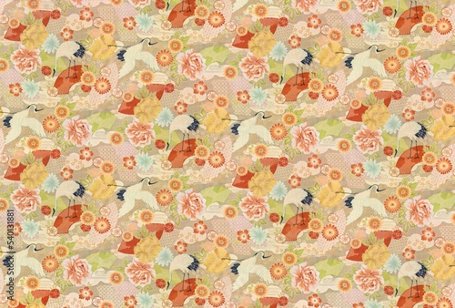 Large detailed photograph of a seamless pattern design depicting a traditional Japanese furoshiki cloth featuring auspicious tsuru cranes adorned by cherry, plum,cosmos,chrysanthemums, roses flowers.