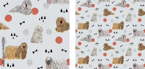 Seamless dog pattern, winter Christmas texture. Square format, t-shirt, poster, packaging, textile, socks, textile, fabric, decoration, wrapping paper. Trendy hand-drawn Komondor dog breed.