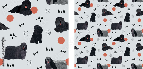 Seamless dog pattern, winter Christmas texture. Square format, t-shirt, poster, packaging, textile, socks, textile, fabric, decoration, wrapping paper. Trendy hand-drawn Puli dog breed.