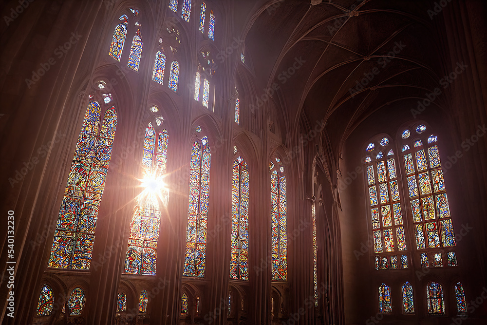 Romantic Byzantine Gothic cathedral interior, religious stained glass