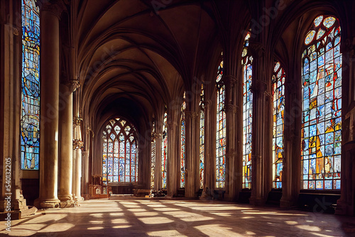Romantic Byzantine Gothic cathedral interior, religious stained glass windows and columns. AI generated image. photo