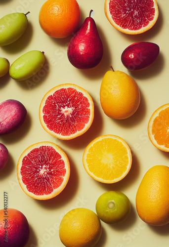 The fruit lies on the surface  sliced fruit slices. Composition of assortment of different fruits apples  oranges and other fruits. Image with fruit assortment for creatives and advertisements. 