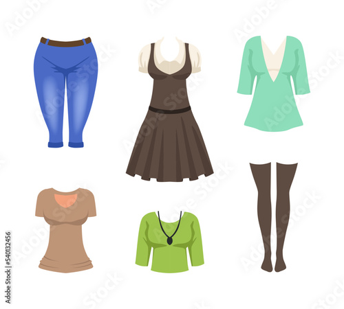 Different Female Clothes and Attire with Stockings, Pinafore, Blouse and Knee Breeches Vector Set