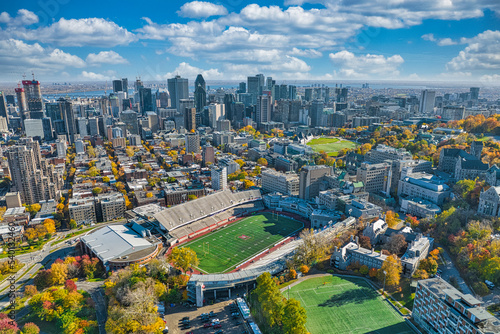View on Montreal downtown and Alouette de Montreal football stadium.
