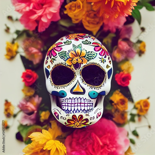 A colorful portrait of a skull and flowers for  dia de los muertos    Day of the dead  calavera 3d illustration. 