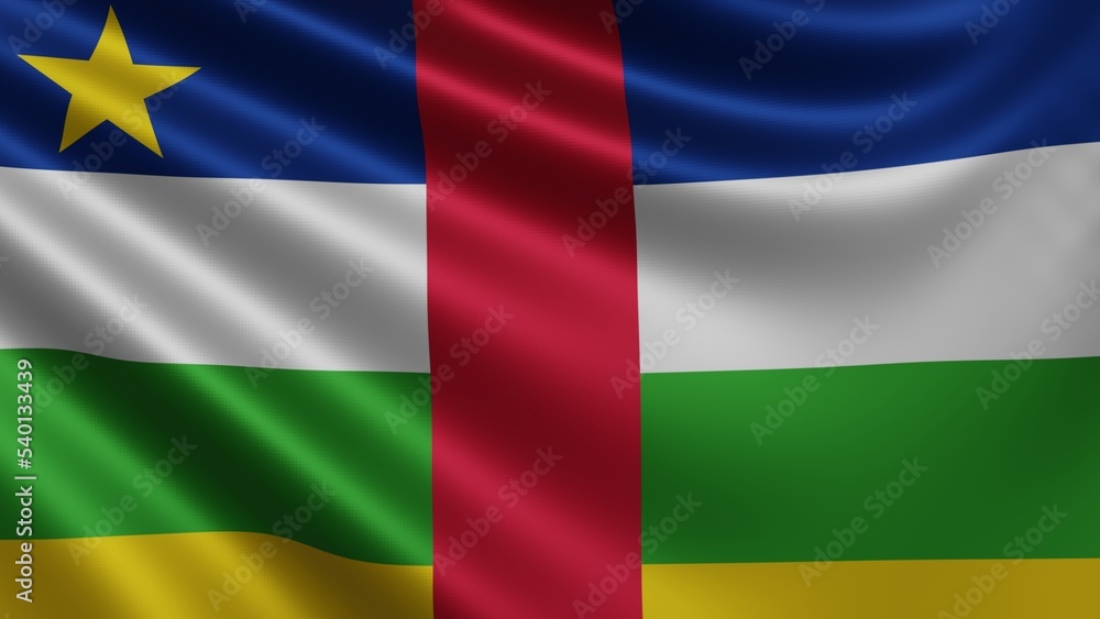 Render of the Central African Republic flag flutters in the wind close-up, the national flag of Central African Republic flutters in 4k resolution, close-up, colors: RGB. High quality 3d illustration
