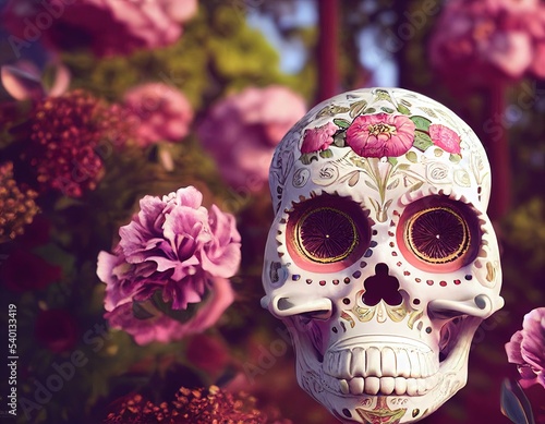 A colorful portrait of a skull and flowers for "dia de los muertos", "Day of the dead" calavera 3d illustration. 