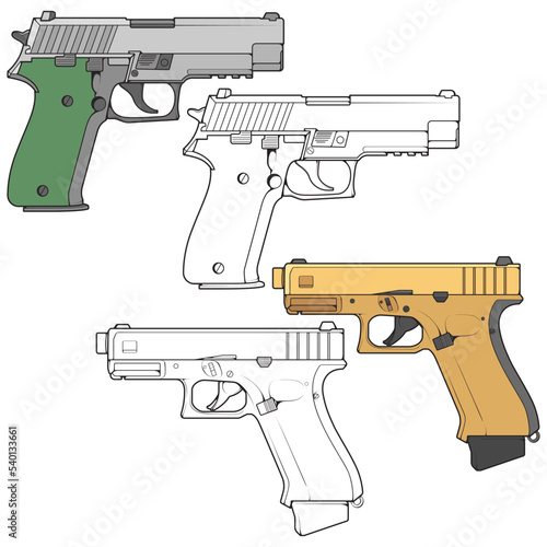 Set of military or police firearms vector style, Shooting gun, Weapon illustration, Vector Line, for training