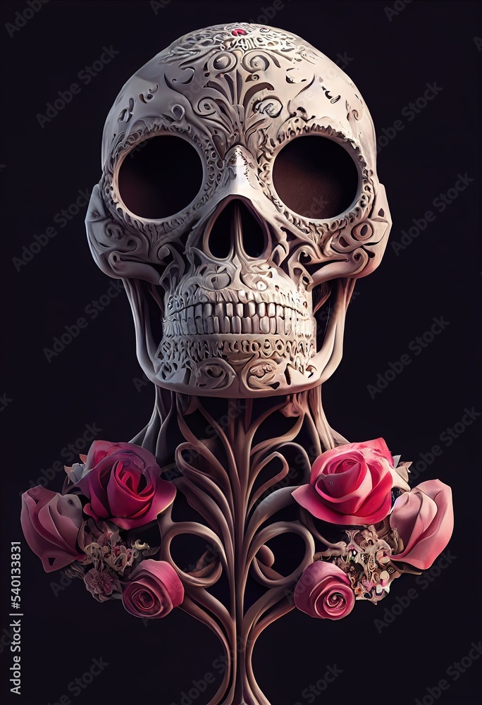 A colorful portrait of a skull and flowers for 