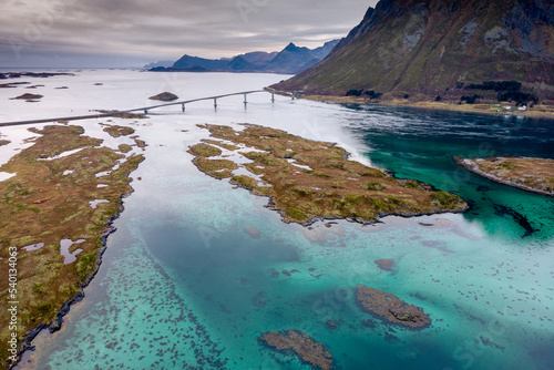 Aerial view ofLofoten in Autum, great color of water.