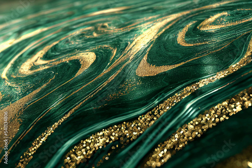 Acrylic Fluid Art. Dark green waves in abstract ocean and golden foamy waves. Marble effect background or texture.
