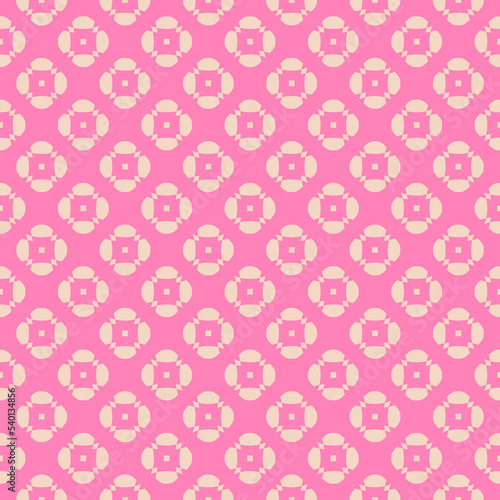 Vector geometric floral seamless pattern. Stylish background with small flower shapes, squares, repeat tiles. Retro vintage 1960s - 1970s style texture in bright pink color. Trendy decorative design