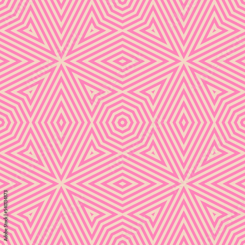 Vector geometric lines seamless pattern. Abstract background with bright pink stripes, lines, arrows, repeat tiles. Retro vintage style graphic texture. Trendy creative trippy geo design for decor